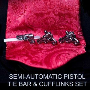 SEMI-AUTO PISTOL TIE BAR & CUFFLINKS SET WITH GUNMETAL FINISH - MSTVbrc1